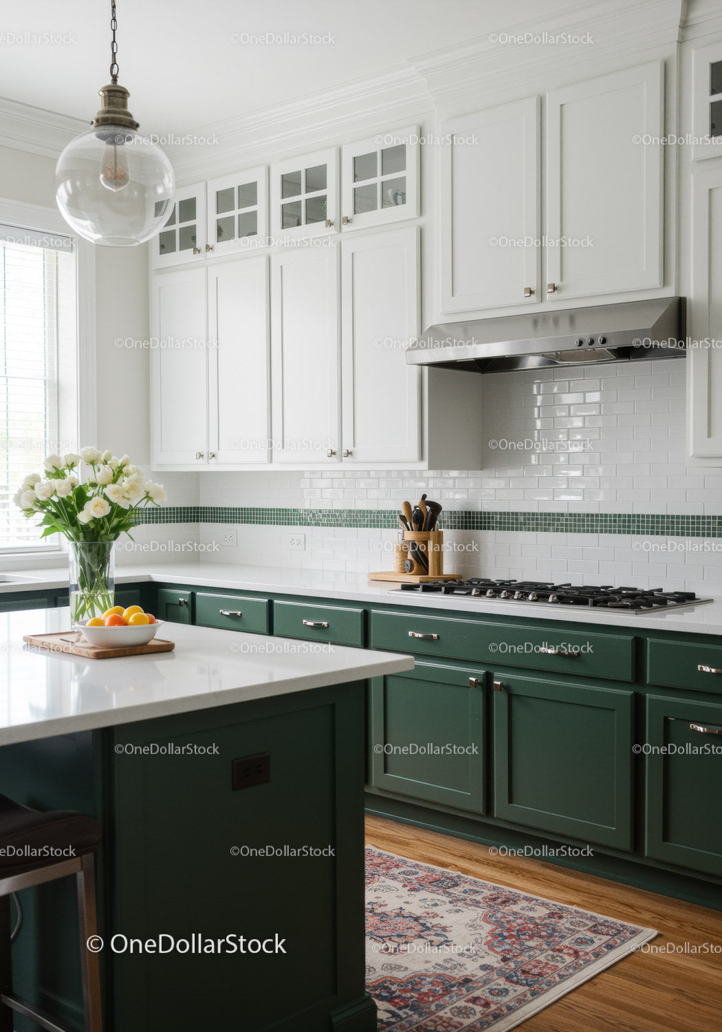 Stylish Modern Kitchen with Green Cabinets and Bright White Details
