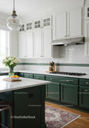 Stylish Modern Kitchen with Green Cabinets and Bright White Details