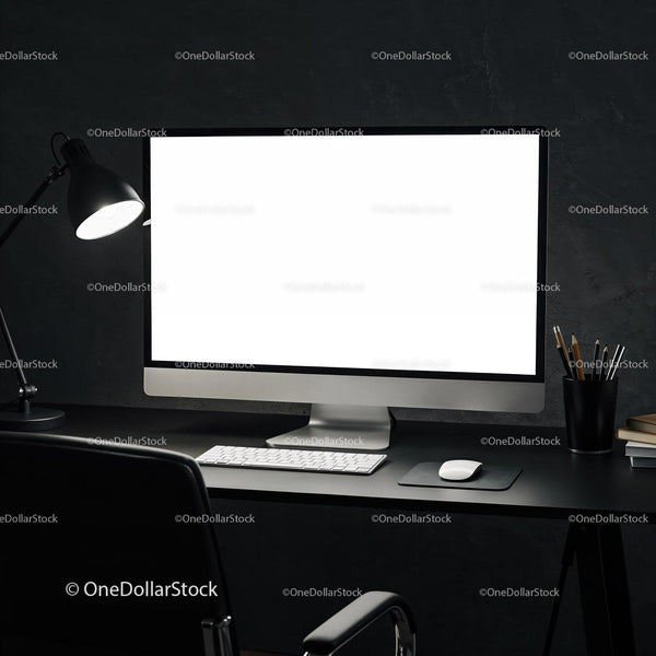 Minimalist workspace with modern computer and desk lamp JPG Mockup Image