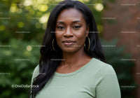 Confident woman posing outdoors with natural background