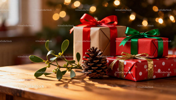 Christmas gifts with pine cone and mistletoe on wood