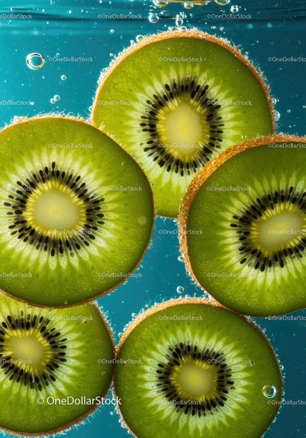 Fresh sliced kiwi fruit submerged in clear water