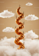 Miniature figures climbing giant twisted pastry in clouds
