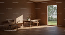 Sunlit Cozy Interior with Wooden Furniture and Scenic Outdoor View