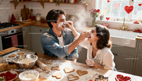 Couple Playfully Baking Heart Cookies Together