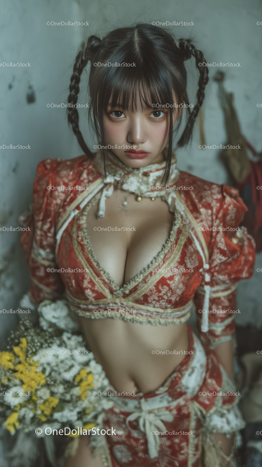 Young Woman in Traditional Kimono with Modern Fashion Style
