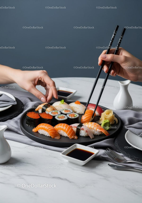 Elegant Sushi Platter with Nigiri and Rolls on Black Plate