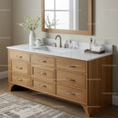 Elegant Wooden Bathroom Vanity with Marble Countertop and White Flowers