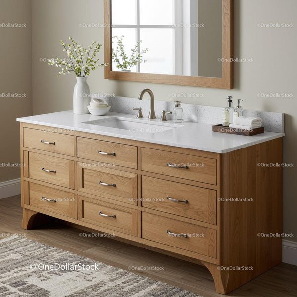 Elegant Wooden Bathroom Vanity with Marble Countertop and White Flowers