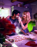Couple playfully baking heart cookies in cozy kitchen