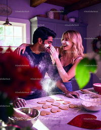 Couple playfully baking heart cookies in cozy kitchen