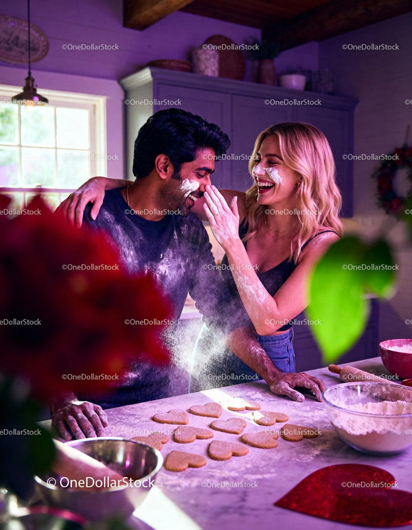 Couple playfully baking heart cookies in cozy kitchen