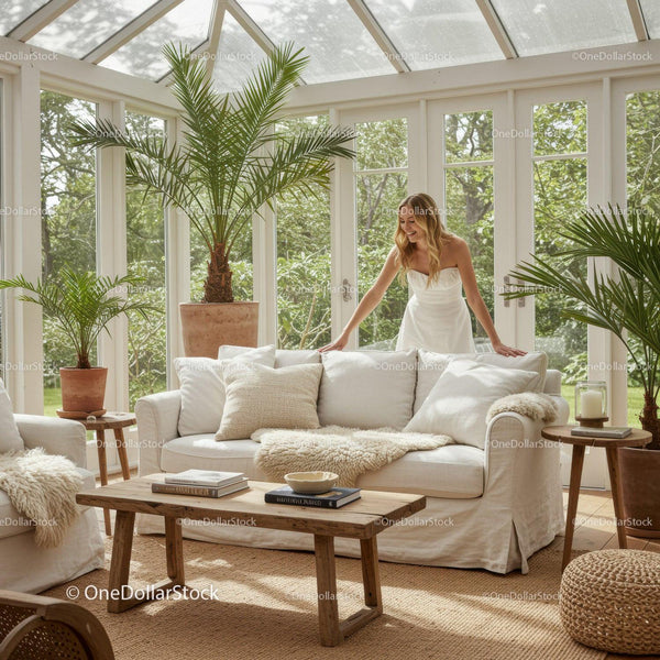 Woman arranging white sofa in bright cozy sunroom