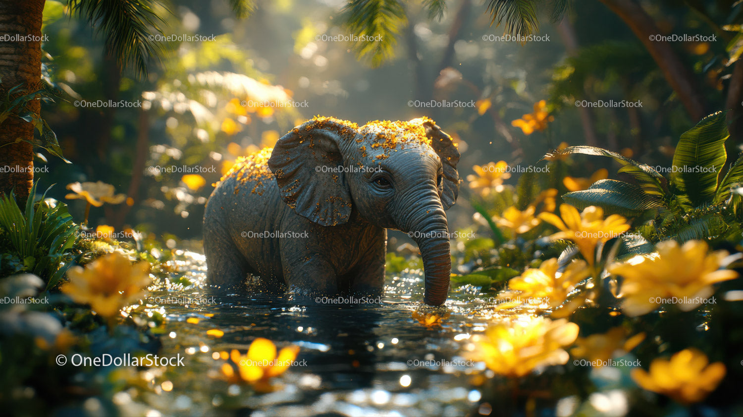 Young Elephant in a Tropical Jungle Water Scene with Flowers
