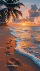 Scenic Tropical Beach Sunset with Palm Trees and Ocean Waves