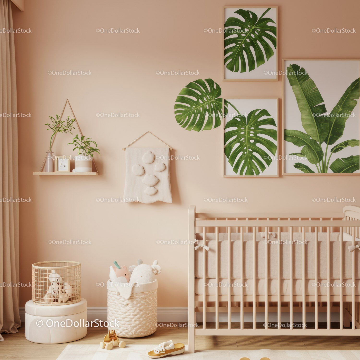 Stylish Nursery with Green Monstera Wall Art and Cozy Decor