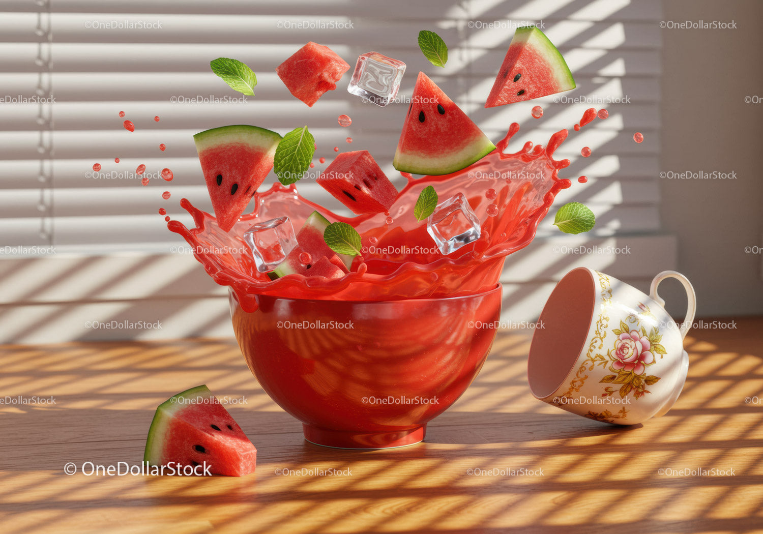 Fresh watermelon pieces splashing juice in red bowl
