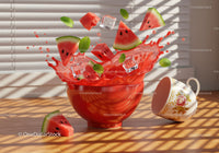 Fresh watermelon pieces splashing juice in red bowl