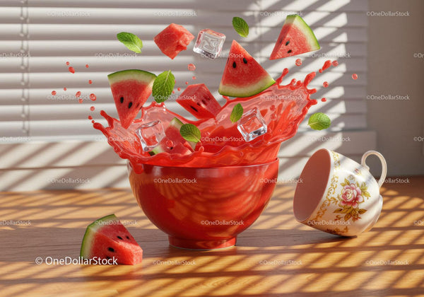 Fresh watermelon pieces splashing juice in red bowl