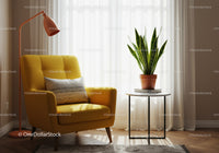 Cozy yellow armchair with houseplant and soft lighting