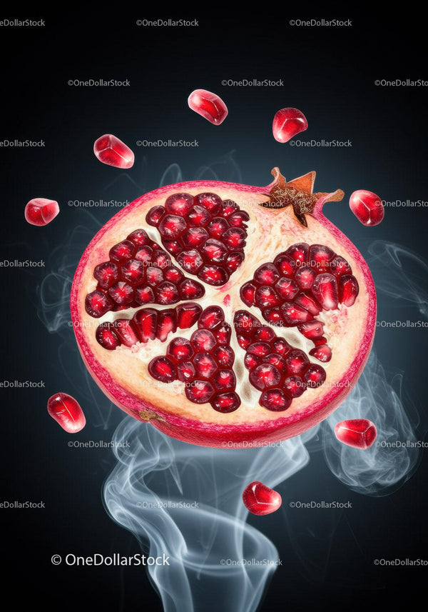 Fresh pomegranate half with seeds floating in smoke