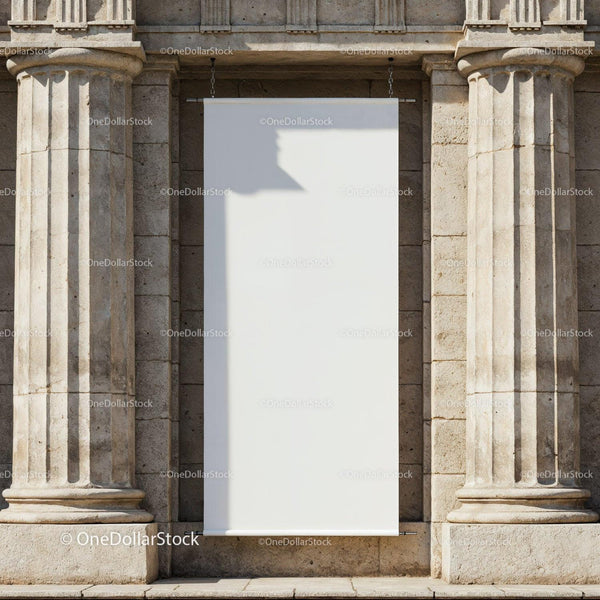 Blank vertical banner between stone columns on facade JPG Mockup Image
