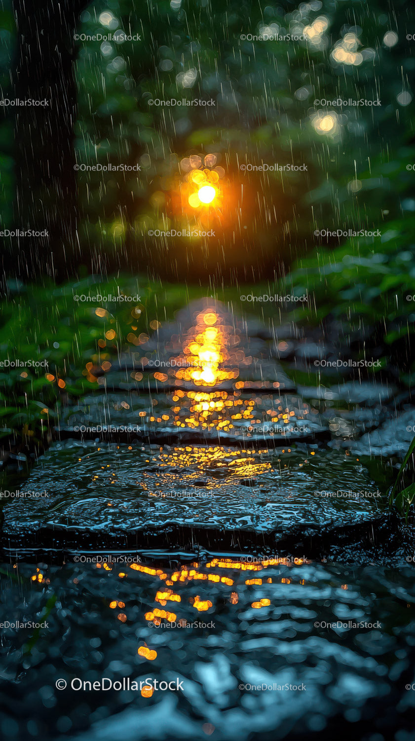 Sunset Reflection with Rain Drops on Water Surface in Nature