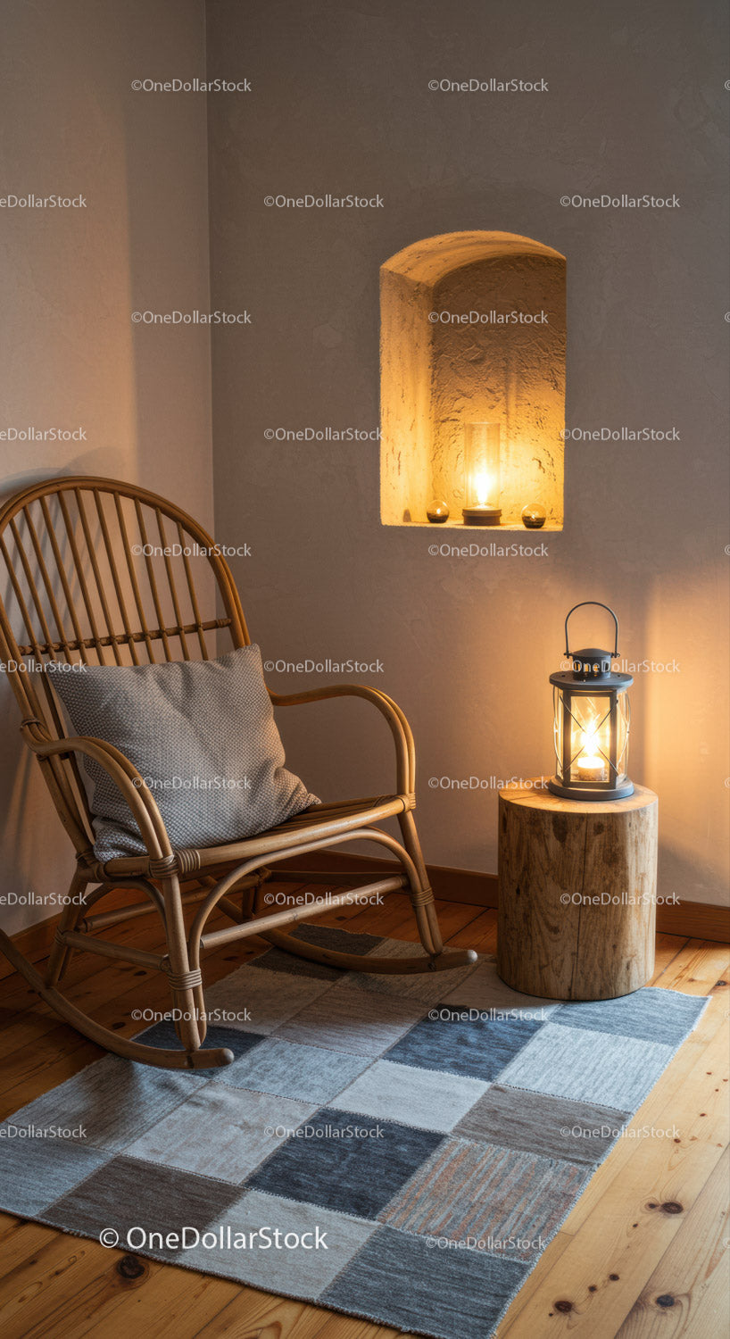 Cozy corner with rocking chair and warm lantern light