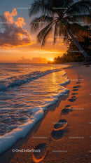 Scenic Tropical Beach Sunset with Palm Trees and Footprints
