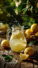 Fresh Lemonade with Sliced Lemons in a Glass Pitcher on Rustic Wooden Surface