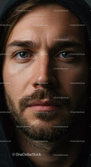 Closeup portrait of thoughtful man wearing dark hoodie