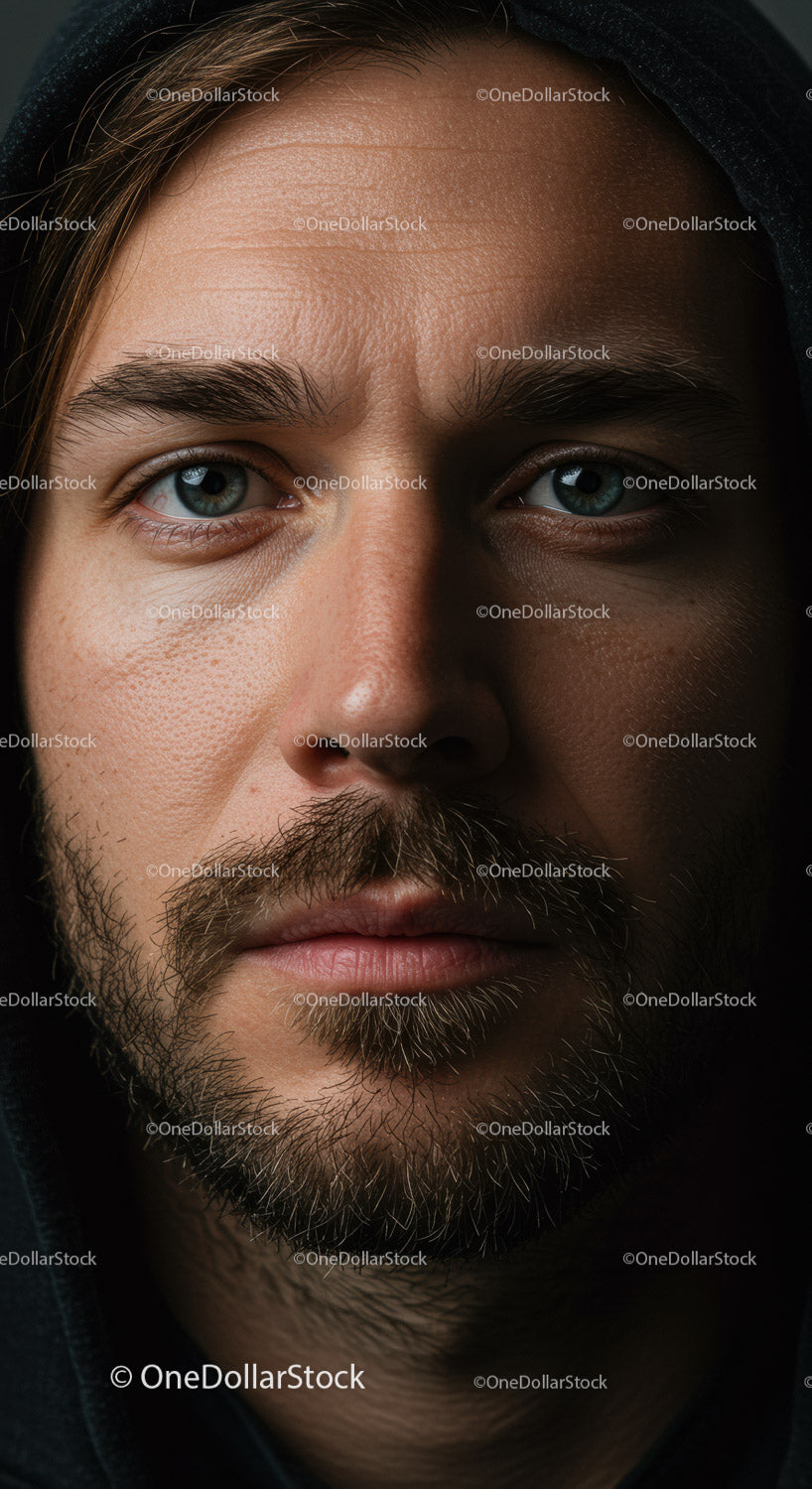 Closeup portrait of thoughtful man wearing dark hoodie
