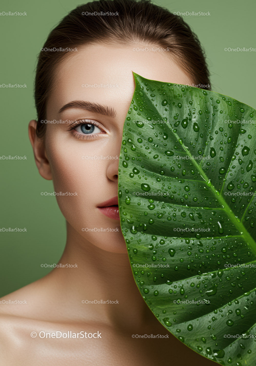 Close-Up of a Woman's Face with Green Leaf and Water Droplets