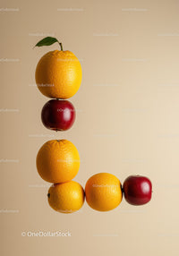 Stack of Oranges and Apples Forming Letter L on Beige