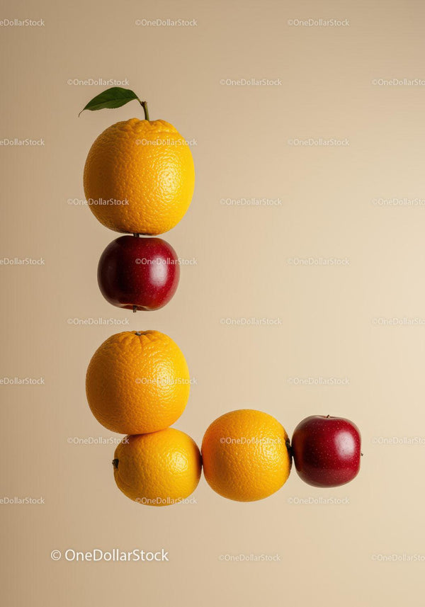 Stack of Oranges and Apples Forming Letter L on Beige