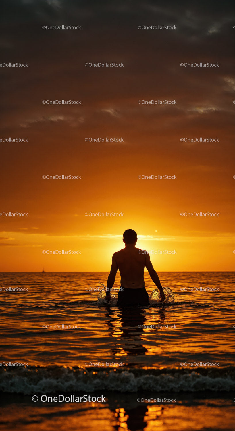 Serene Man Swimming in Ocean During Vibrant Sunset