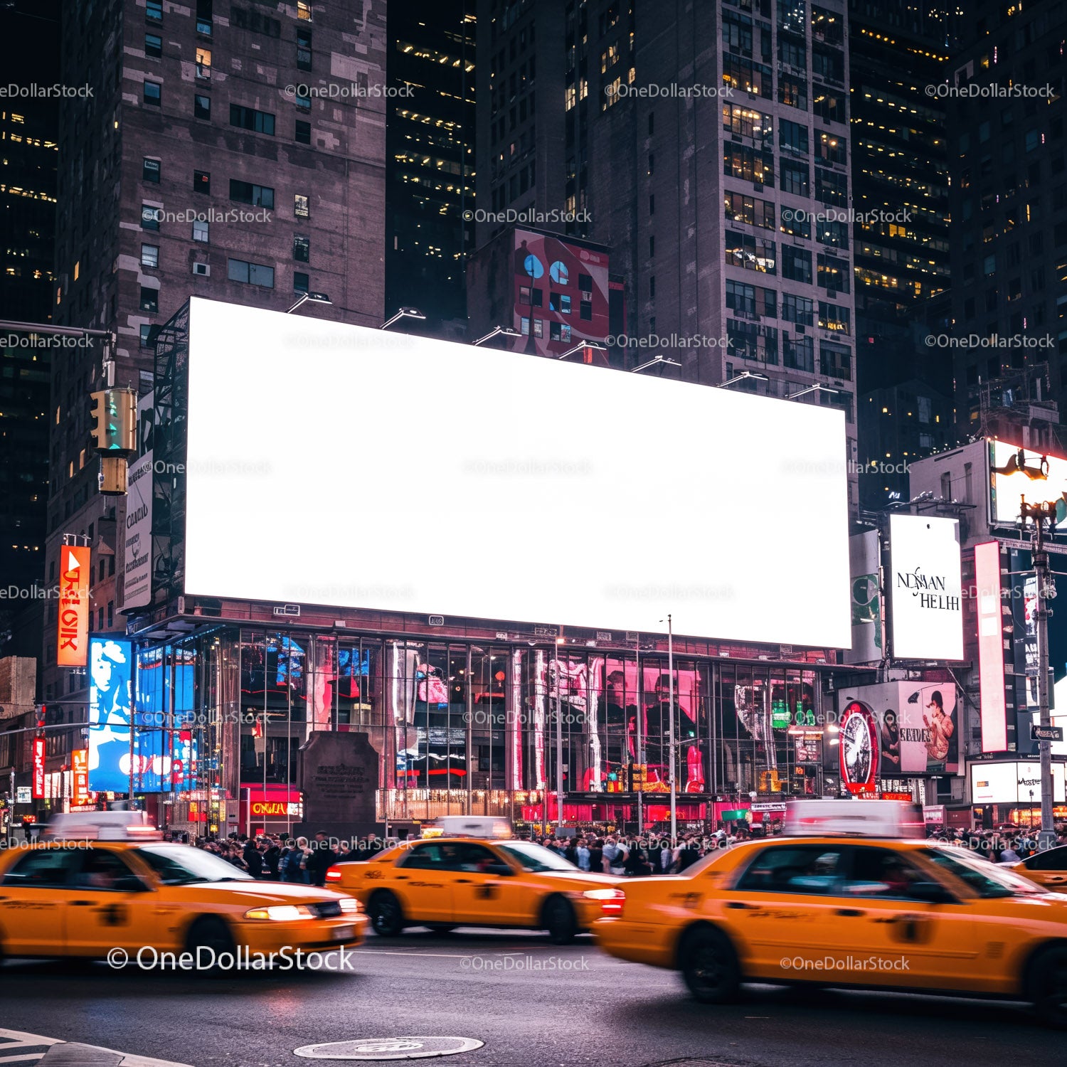 Night city traffic with bright blank billboard in urban center