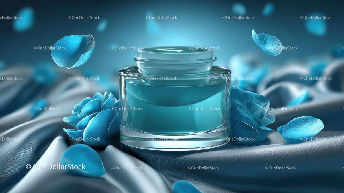 Luxury Blue Cosmetic Jar Surrounded by Elegant Floral Accents