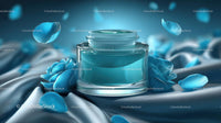 Luxury Blue Cosmetic Jar Surrounded by Elegant Floral Accents
