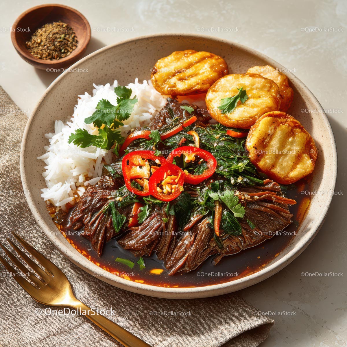Savory Asian Dish with Rice, Vegetables, and Grilled Plantains
