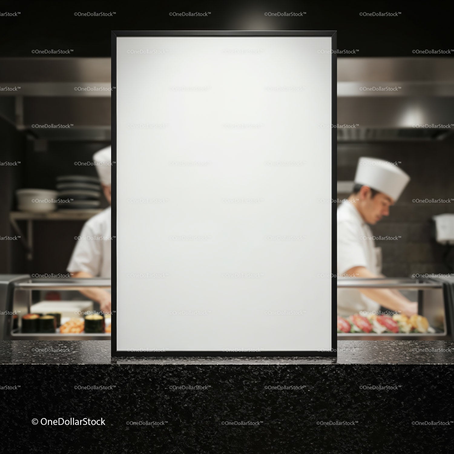 Blank menu board in sushi restaurant with chefs cooking