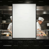 Blank menu board in sushi restaurant with chefs cooking