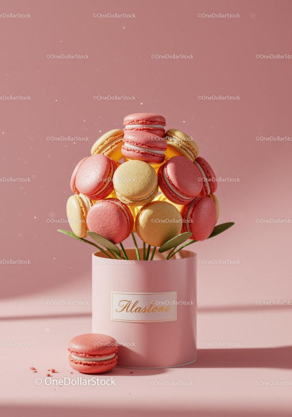 Creative bouquet of pink and yellow macarons in vase