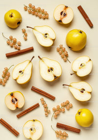 Yellow quinces with cinnamon sticks and currants