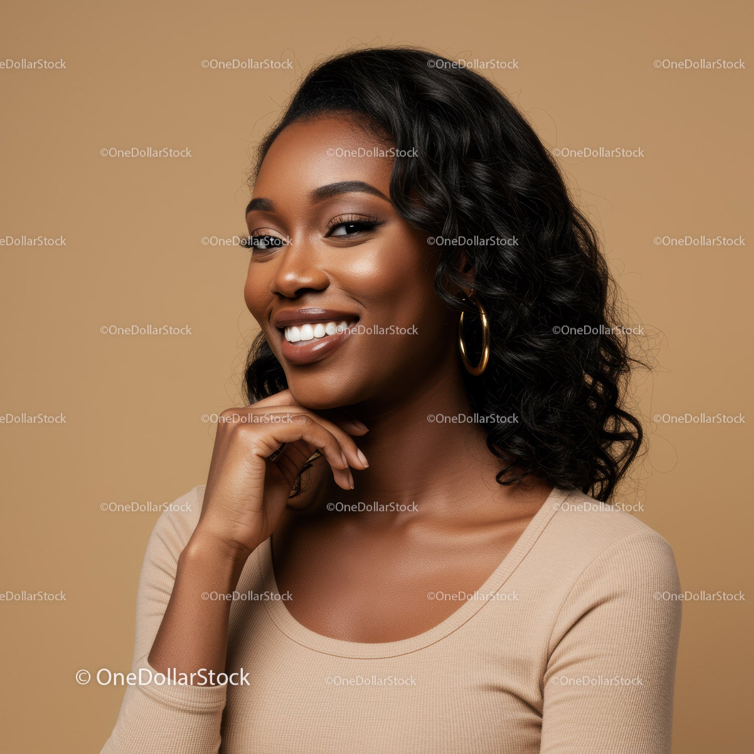 Elegant African American Woman with Curly Hair Smiling Portrait