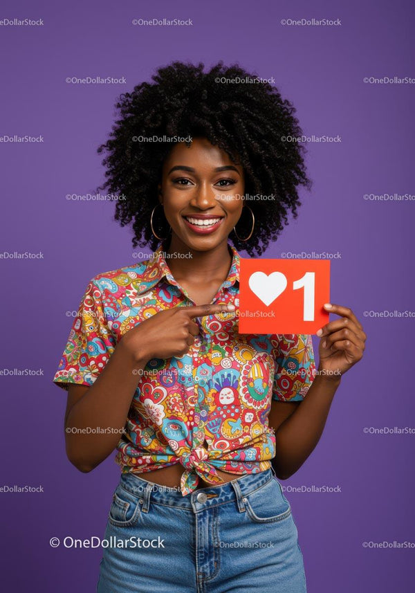 Joyful Young Woman Holding Social Media Like Icon against Purple Background