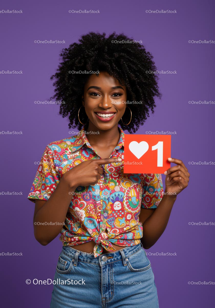 Joyful Young Woman Holding Social Media Like Icon against Purple Background