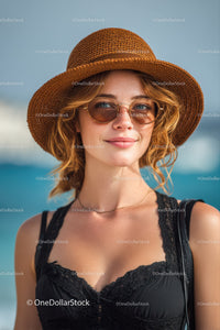 Young Woman in Straw Hat and Sunglasses on Sunny Beach