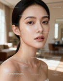 Closeup of calm woman with natural glowing skin indoors