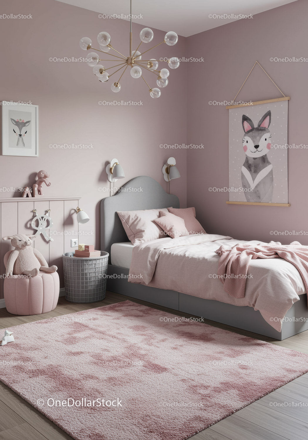 Stylish Kids Bedroom with Pink Decor, Plush Toys, and Wall Art